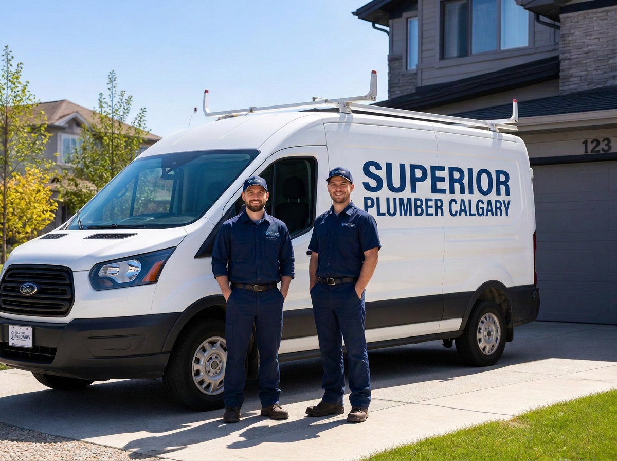 Emergency 24/7 Plumber Calgary service van and technicians at a Calgary home